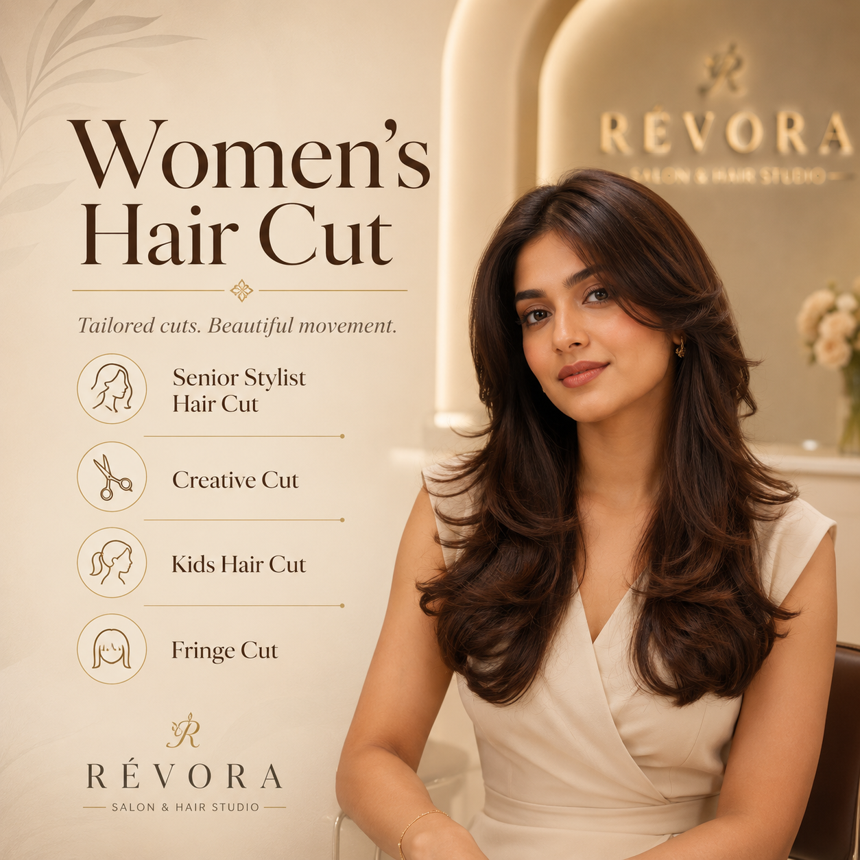 Women’s hair cut service at Révora Salon & Hair Studio featuring senior stylist haircut, creative cut, kids haircut and fringe cut