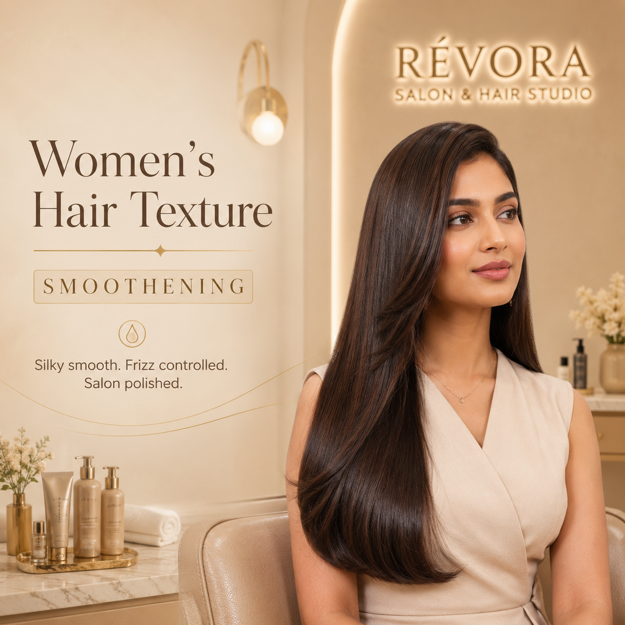 Women’s hair smoothening service at Révora Salon & Hair Studio with silky smooth, frizz-controlled and salon-polished hair